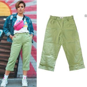 VTG 80s Lime Green Striped High Waist Stretch Mom Capri Pants SZ 8